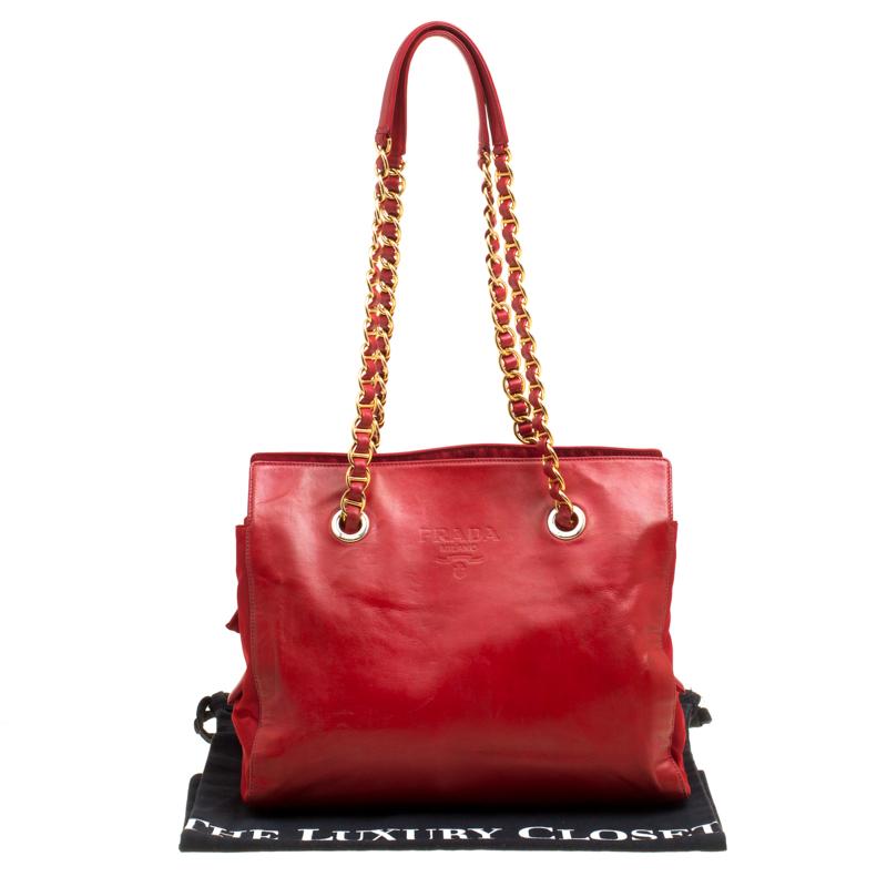 Women's Prada Red Leather and Nylon Chain Handle Tote