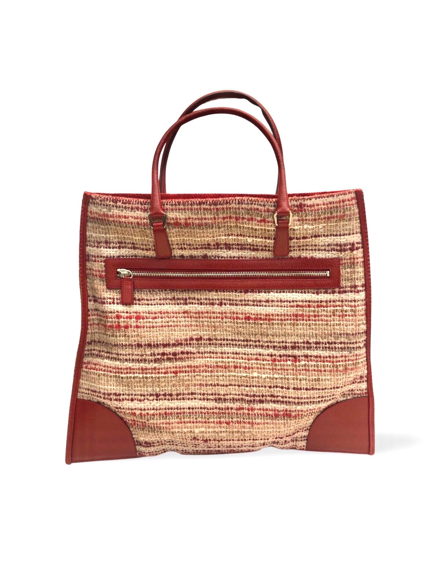 Brown Prada Red Leather and Wool Tweed Tote bag For Sale