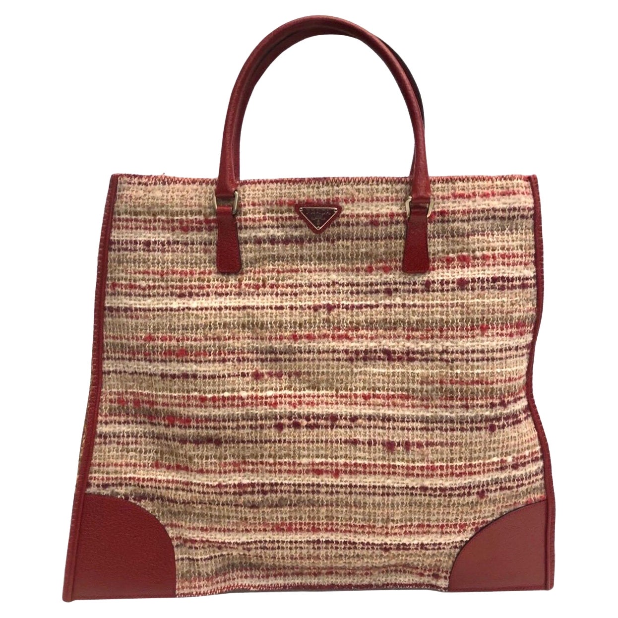 Prada Tragetasche aus rotem Leder und Tweed aus Wolle