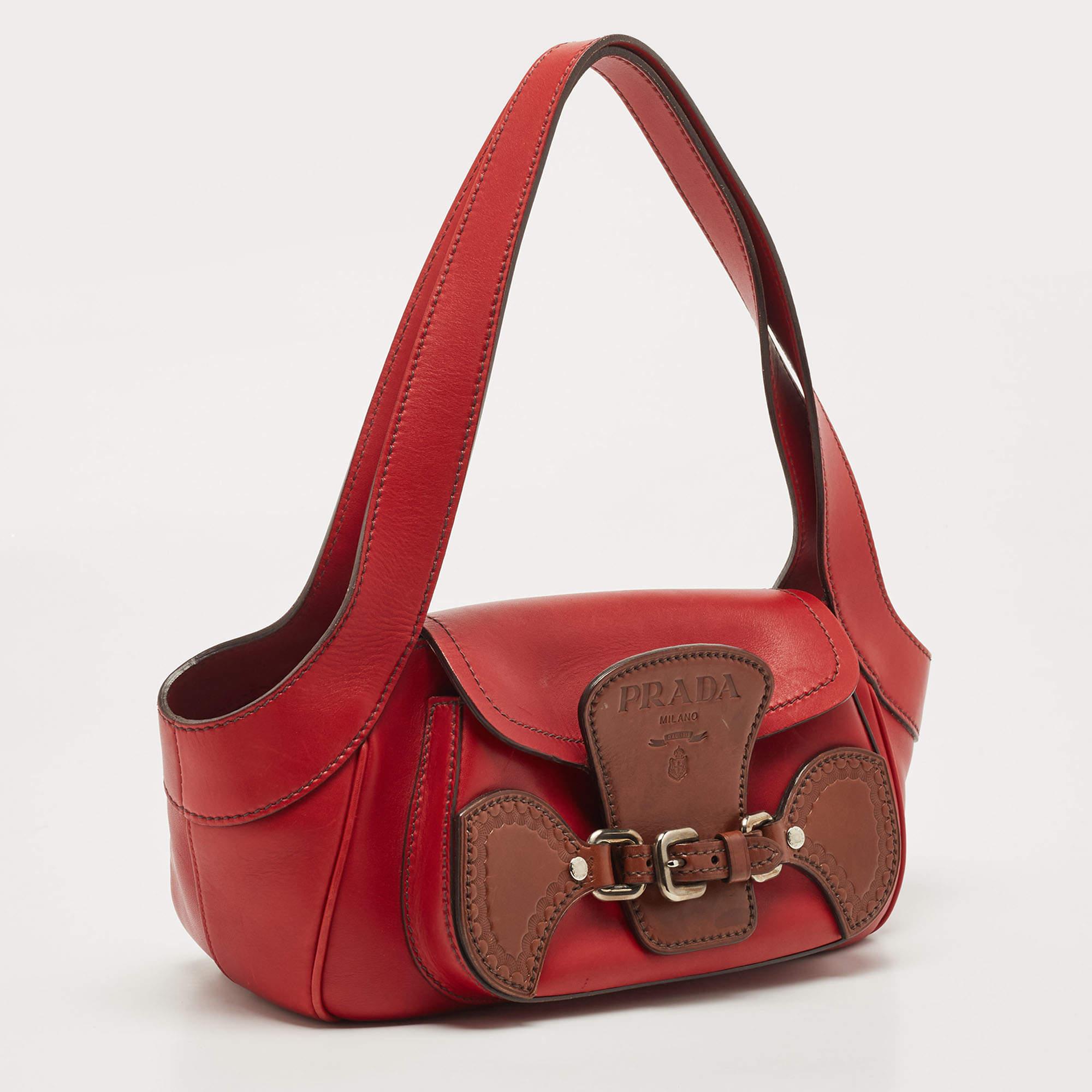 Prada Red Leather Buckle Shoulder Bag 5