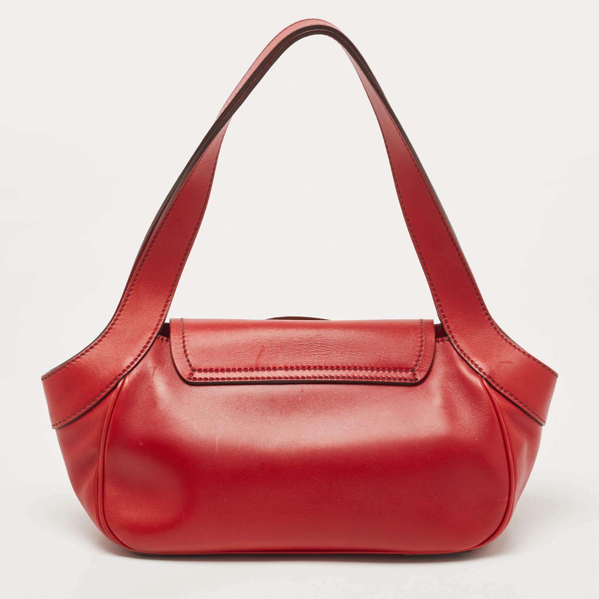 Prada Red Leather Buckle Shoulder Bag 6