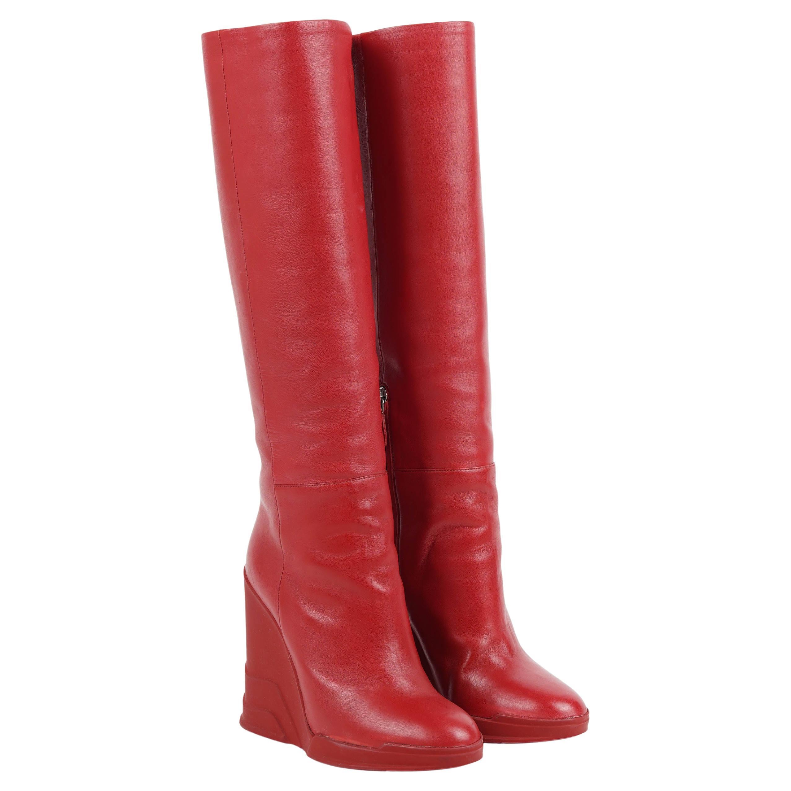 Prada Red Leather Knee-High Wedge Boots – Runway 
Campaign, F/W 2014 Size 37