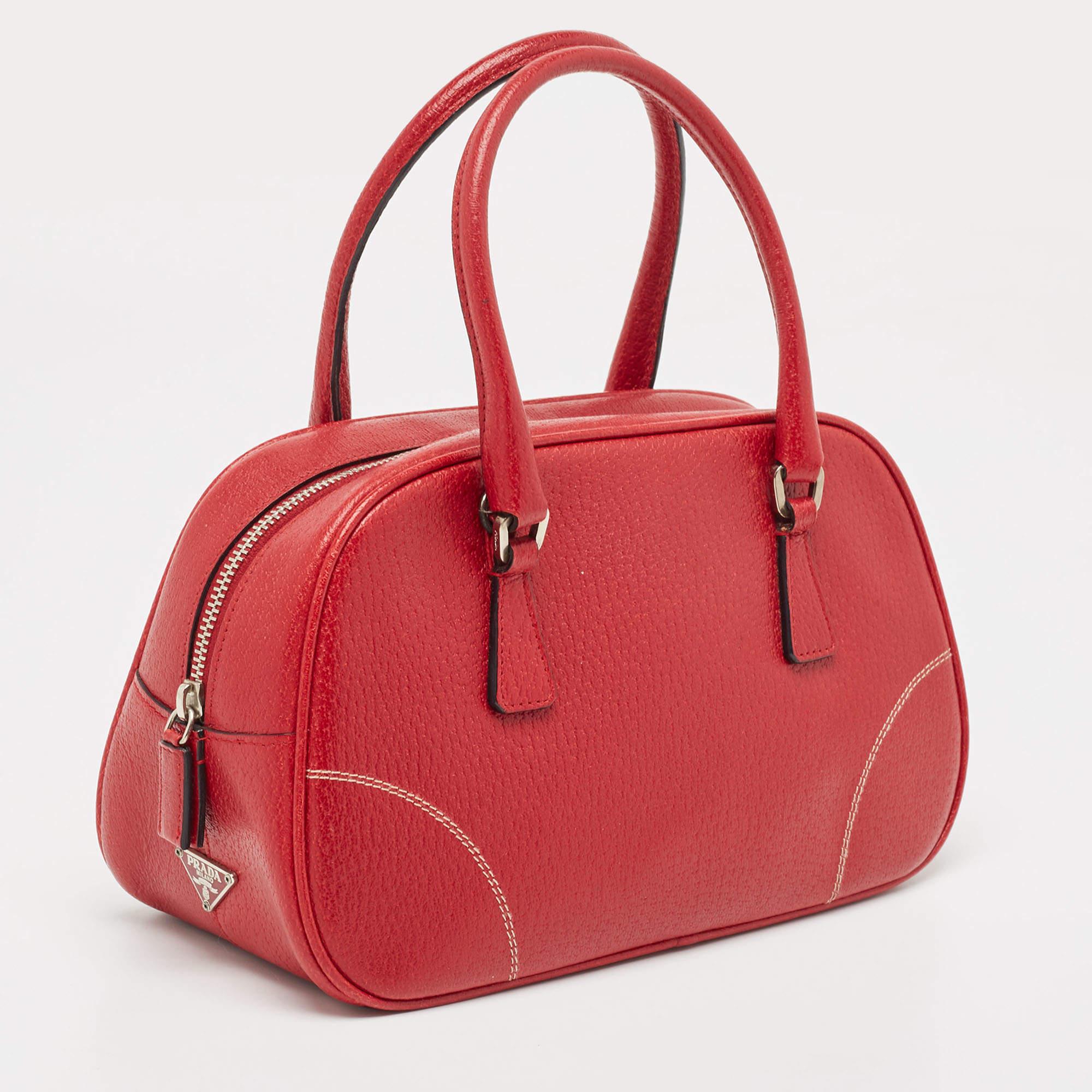 Prada Red Leather Mini Bowler Bag In Good Condition For Sale In Dubai, Al Qouz 2