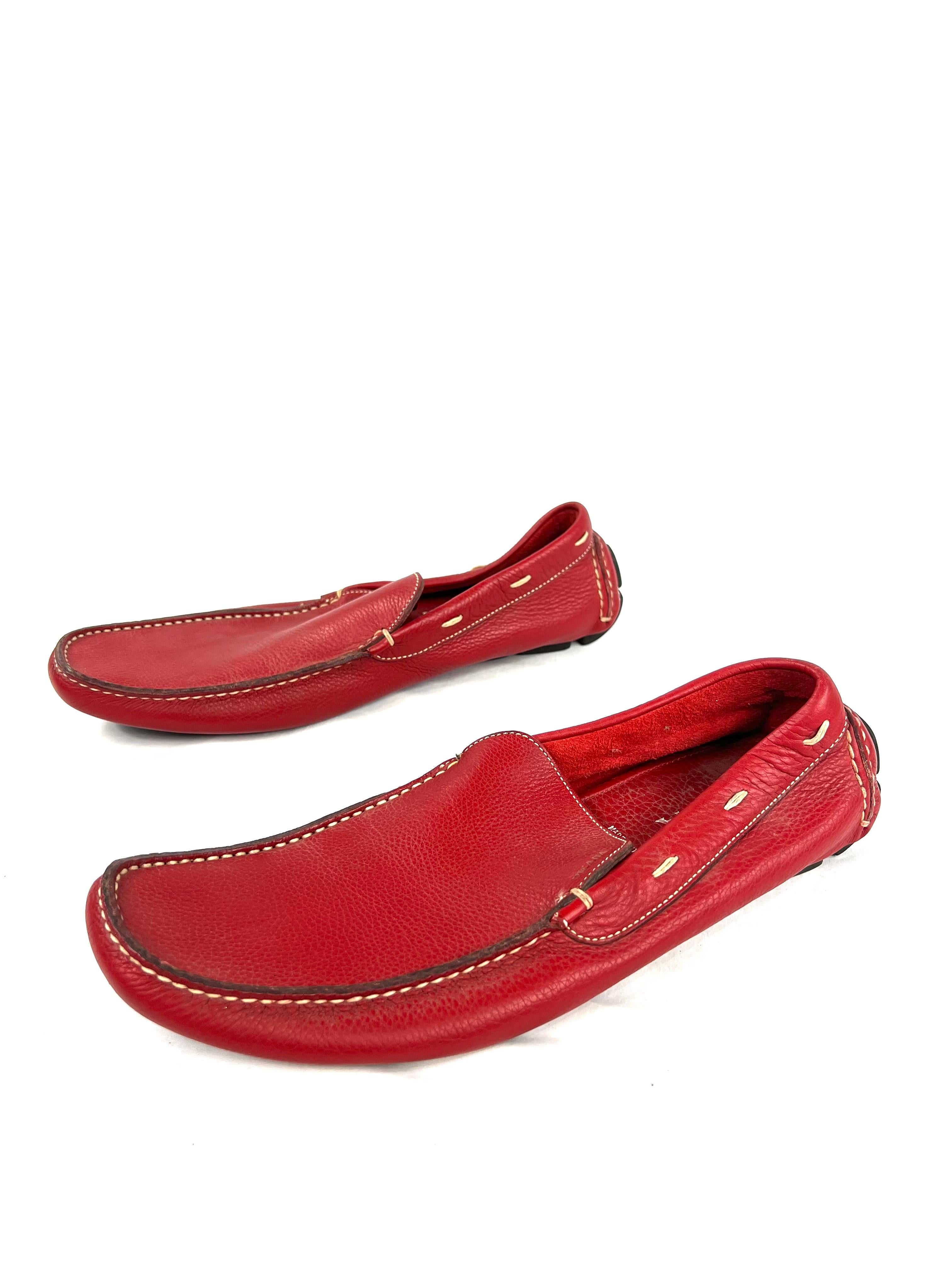 Product details:

The shoes are made out of red leather, it features white/ ivory stitching detail with rubber soles.