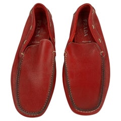 Prada Red Leather Moccasins Flat Shoes, Size 10