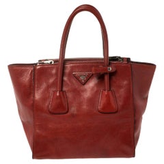 Prada Red Leather Twin Pocket Double Handle Tote
