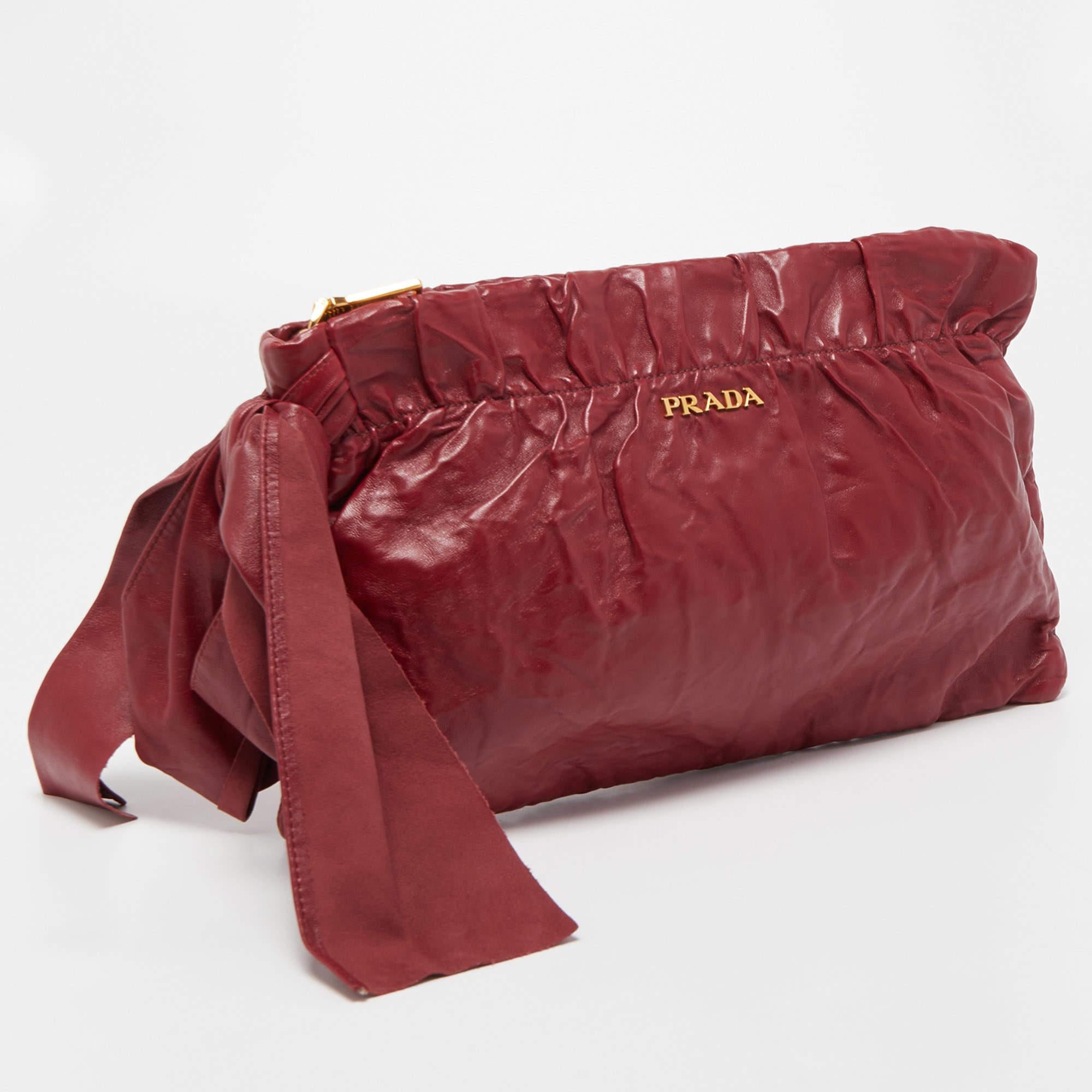 Women's Prada Red Nappa Antique Leather Zip Bow Pouch