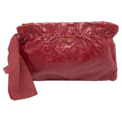 Prada Red Nappa Antique Leather Zip Bow Pouch