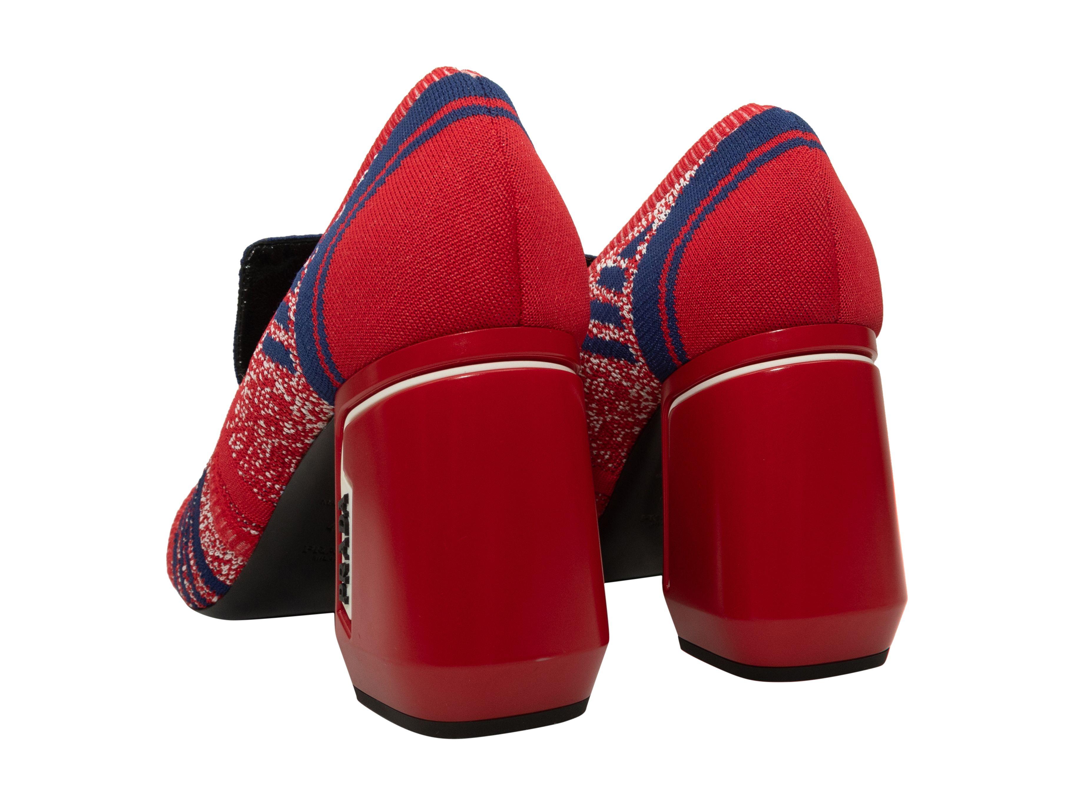 Prada Red & Navy Knit Block Heel Loafers In Good Condition In New York, NY