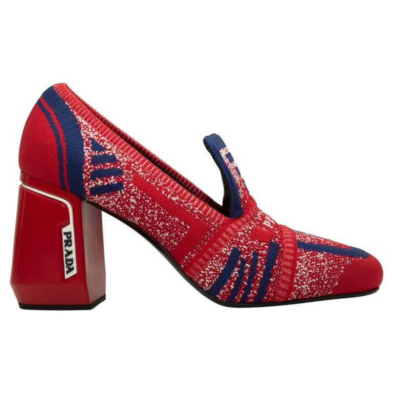 Prada Red and Navy Knit Block Heel Loafers For Sale at 1stDibs