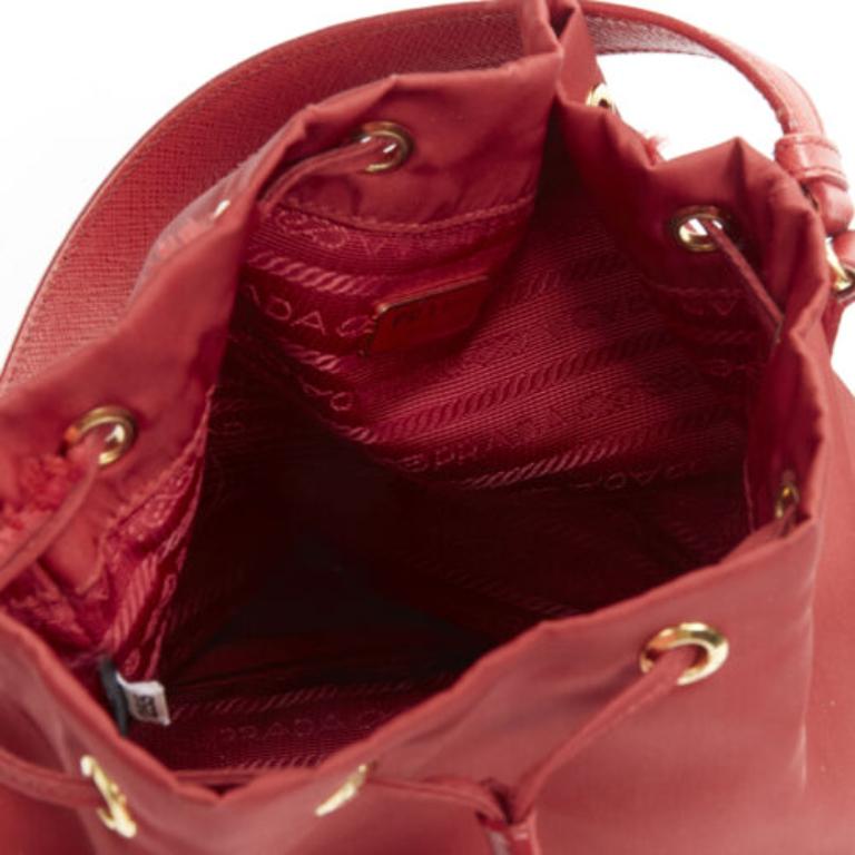 PRADA red nylon gold triangle plate drawstring bucket crossbody shoulder bag 6