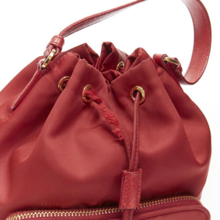 PRADA red nylon gold triangle plate drawstring bucket crossbody shoulder bag 3