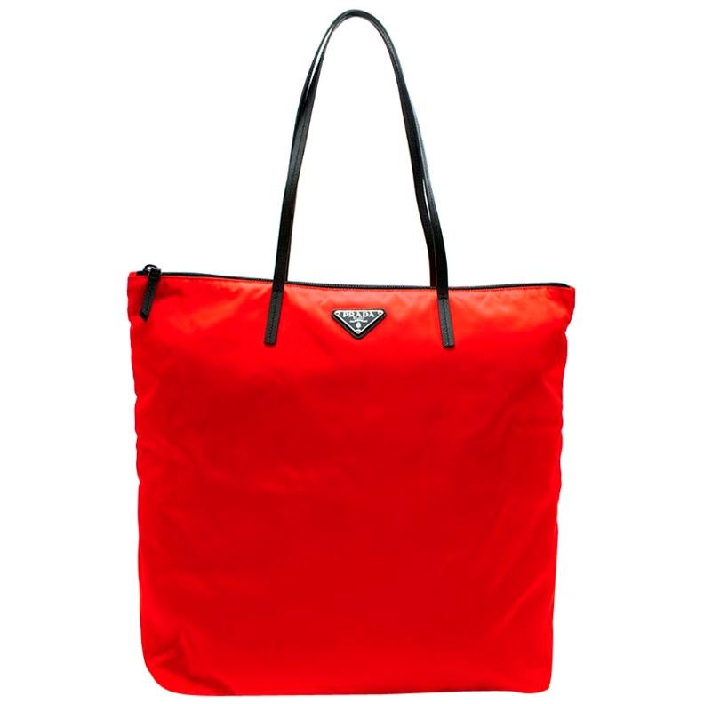 Prada Red Nylon & Saffiano Leather Tote Bag  For Sale