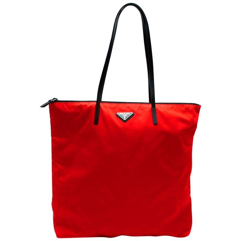 Prada Red Nylon & Saffiano Leather Tote Bag