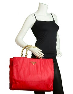 Prada Red Nylon XL Tote Bag W/ Goldtone Metal Handles