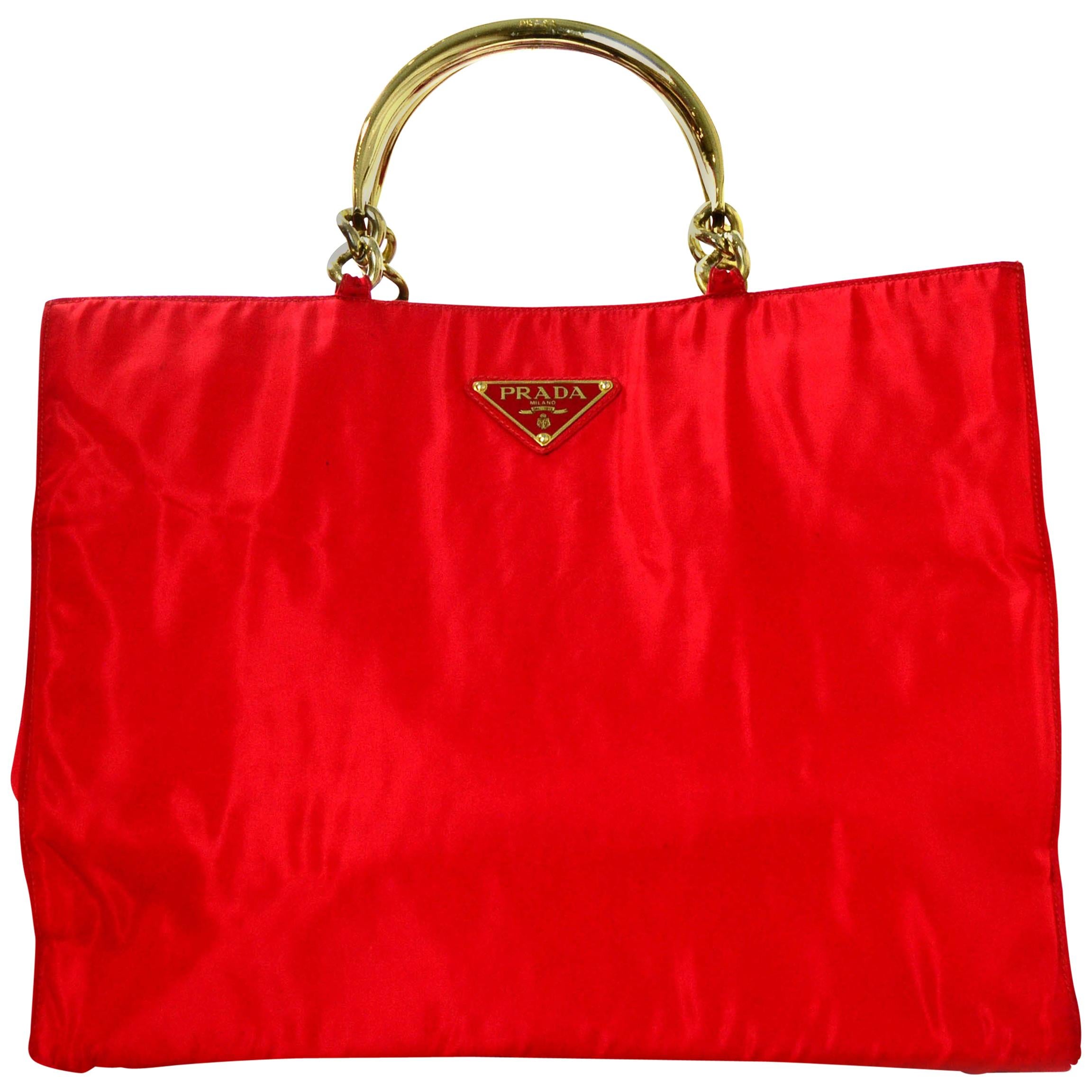 Prada Red Nylon XL Tote Bag W/ Goldtone Metal Handles
