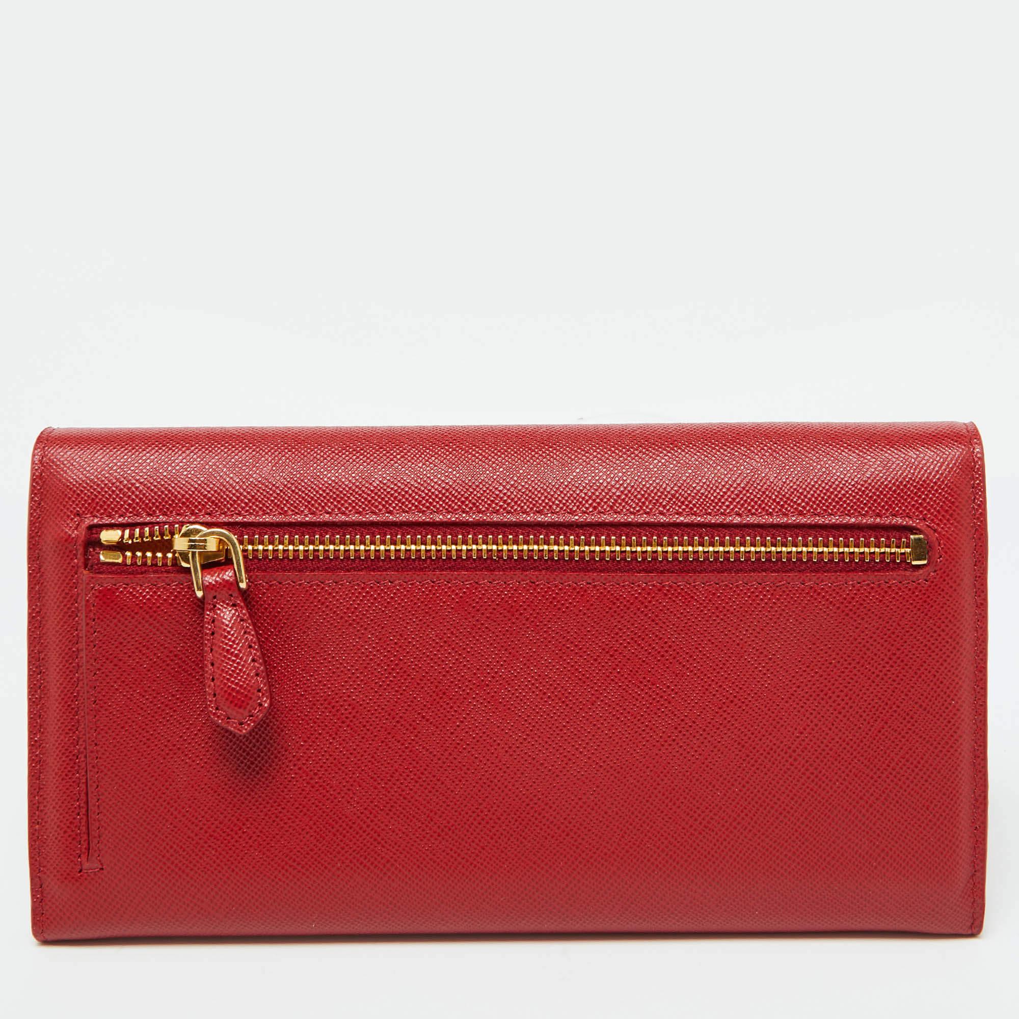 Women's Prada Red/Orange Saffiano Leather Envelope Flap Continental Wallet