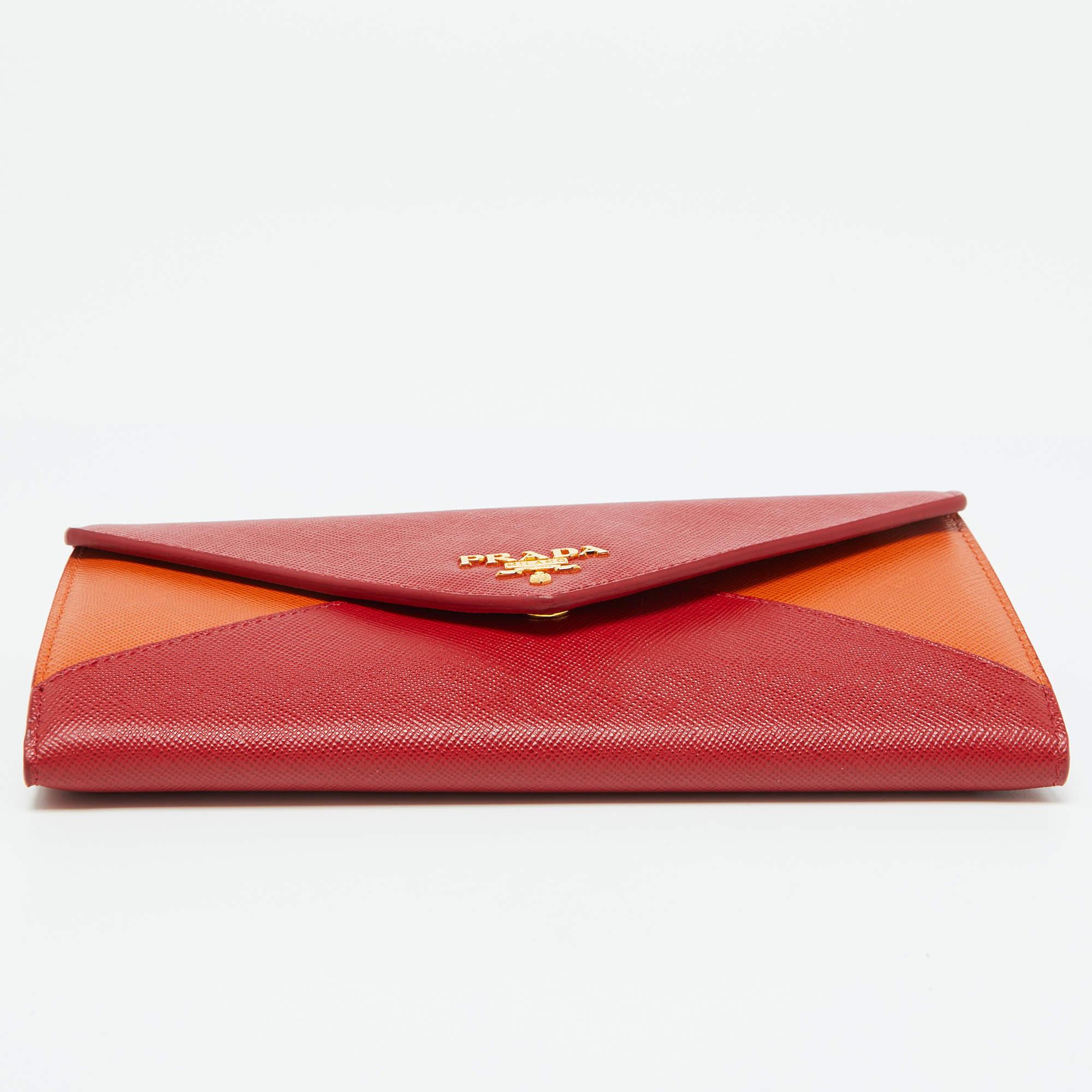 Prada Red/Orange Saffiano Leather Envelope Flap Continental Wallet 3