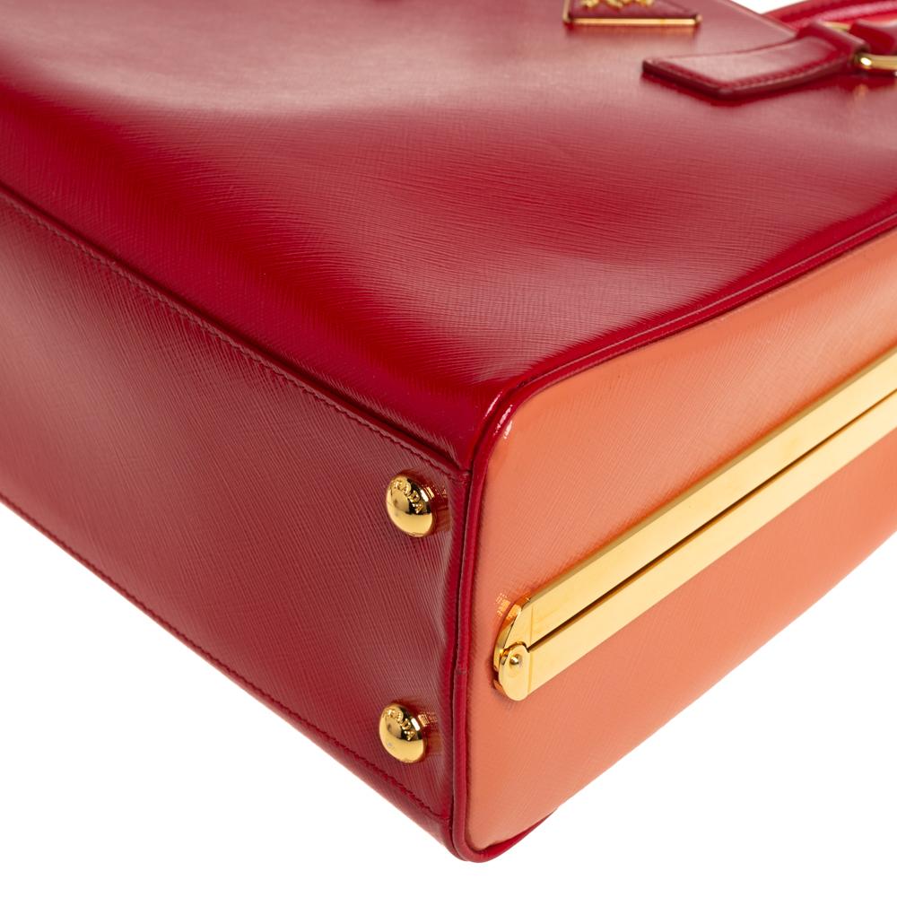 Prada Red/Orange Saffiano Parent Leather Pyramid Frame Top Handle Bag 3