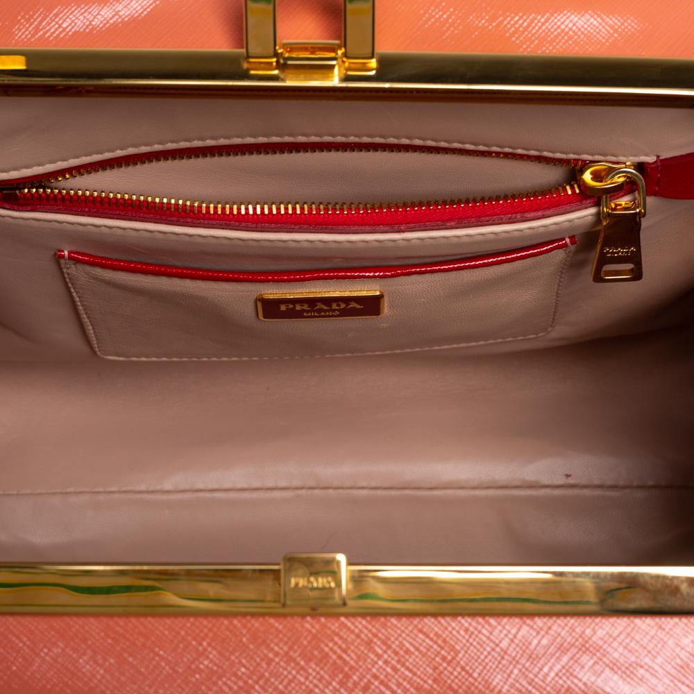 Women's Prada Red/Orange Saffiano Parent Leather Pyramid Frame Top Handle Bag
