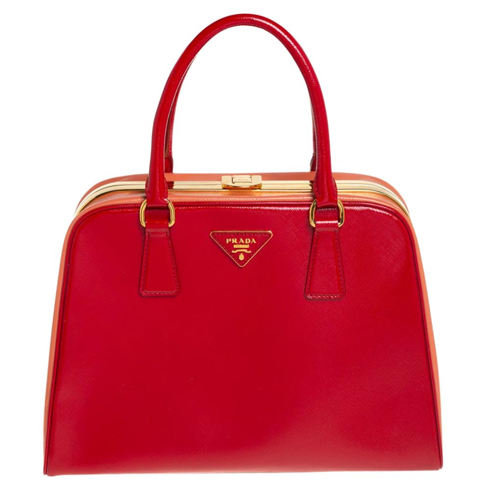 Prada Red Patent Leather Pyramid Frame Top Handle Bag For Sale at 1stDibs