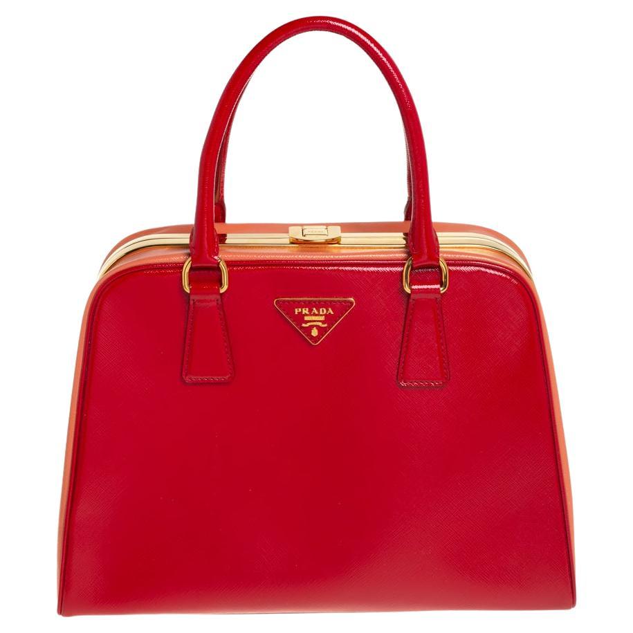 Prada Red/Orange Saffiano Parent Leather Pyramid Frame Top Handle Bag