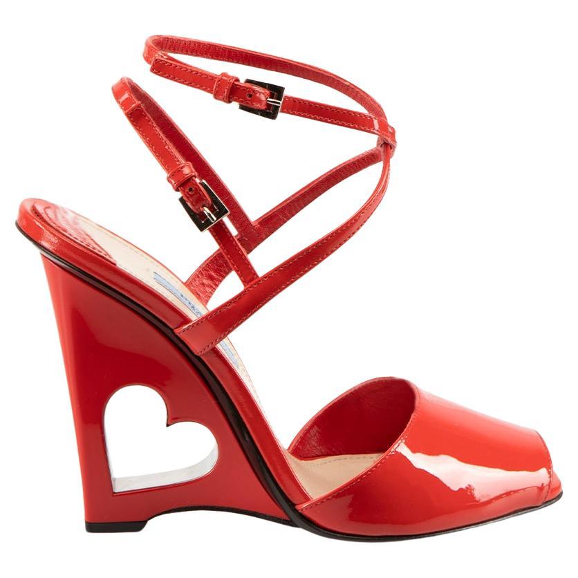 Prada Red Patent Heart Cut Out Wedges Size IT 37.5