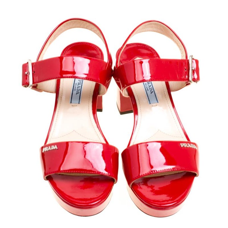 Prada Red Patent Leather Ankle Strap Block Heel Sandals Size 35 For Sale at  1stDibs | red patent leather sandals