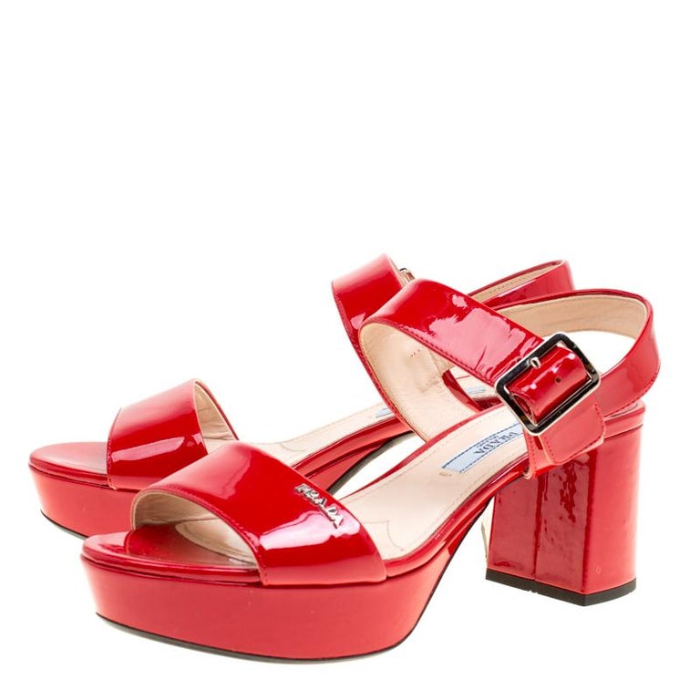 Prada Red Patent Leather Ankle Strap Block Heel Sandals Size 35 For Sale at  1stDibs | red patent leather sandals