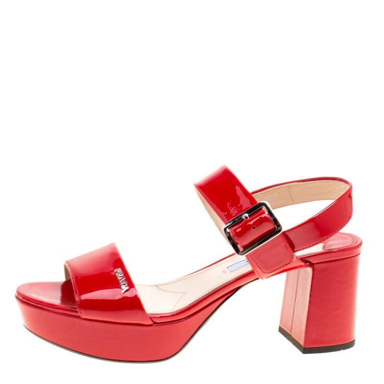 Prada Red Patent Leather Ankle Strap Block Heel Sandals Size 35 For ...