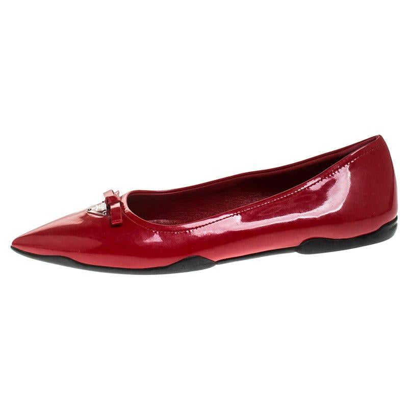 Prada Red Patent Leather Bow Pointed Toe Ballet Flats Size 37.5