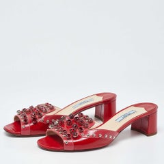 Prada Red Patent Leather Crystal Embellished Block Heel Slide Sandals Size 37