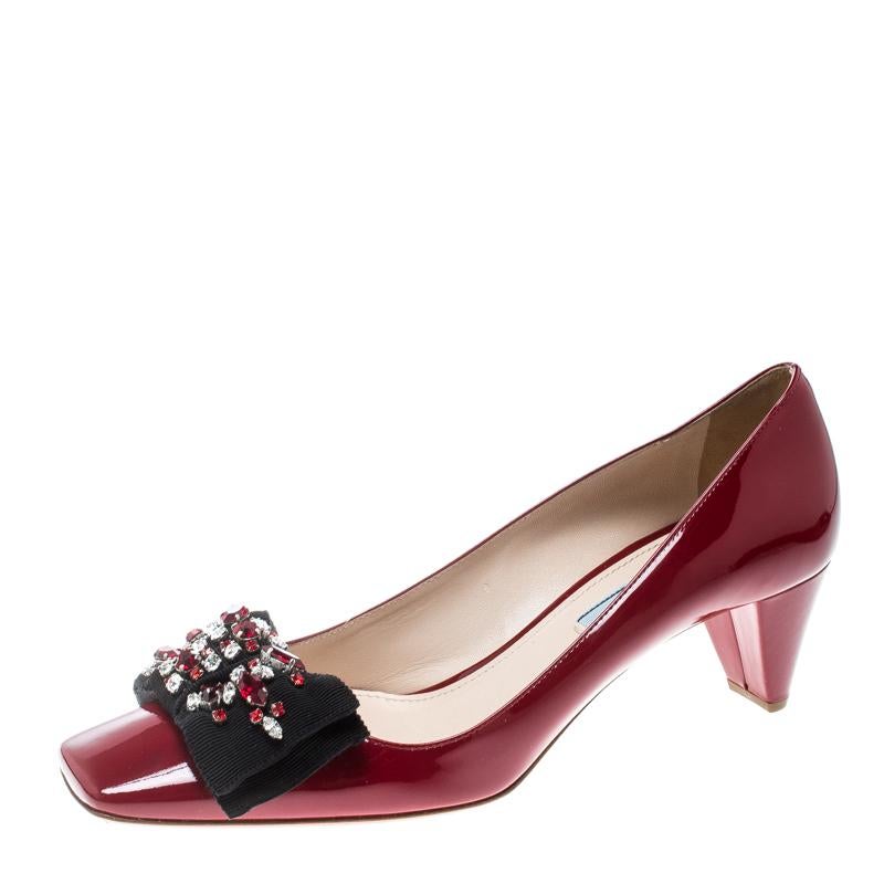 Prada Red Patent Leather Crystal Embellished Bow Detail Square Toe Pumps Size 39