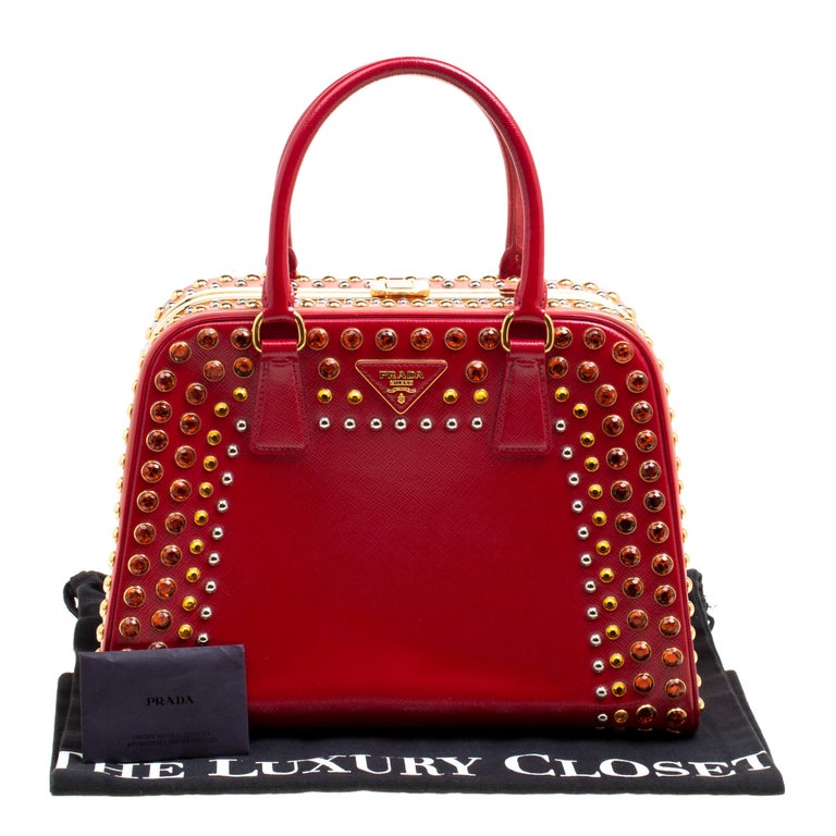 Prada Red Patent Leather Pyramid Frame Top Handle Bag For Sale at 1stDibs