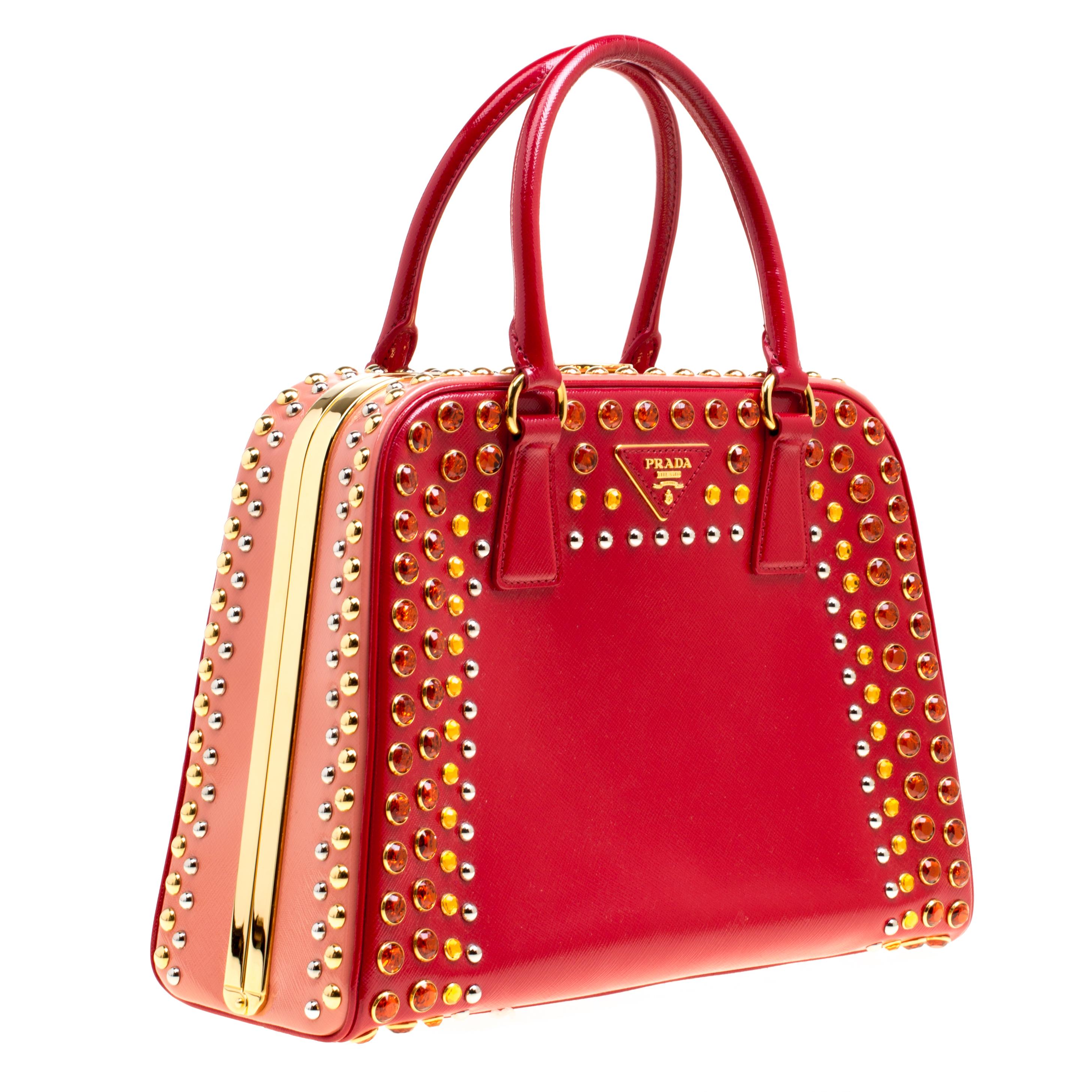 Women's Prada Red Patent Leather Pyramid Frame Top Handle Bag
