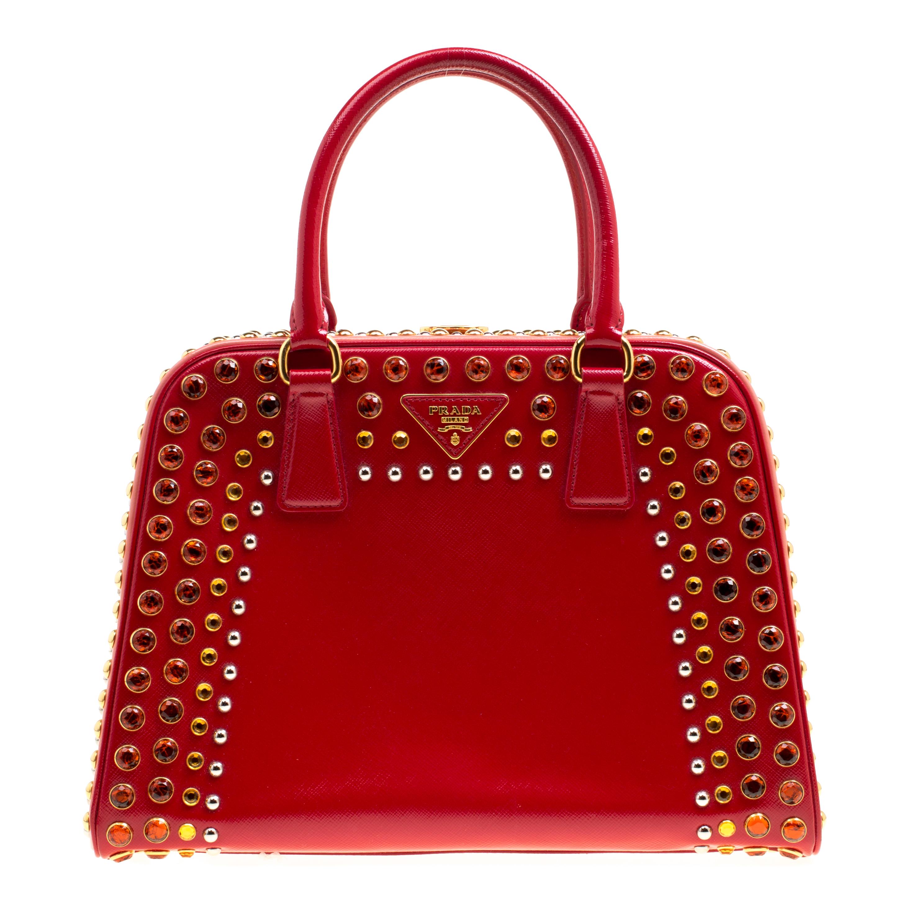 Prada Red Patent Leather Pyramid Frame Top Handle Bag For Sale at 1stDibs