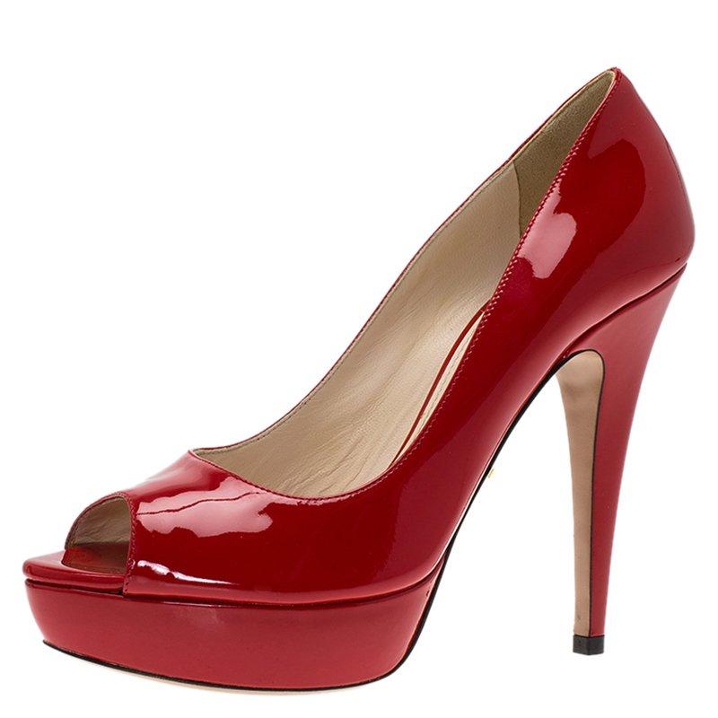 Prada Red Patent Peep Toe Platform Pumps Size 37.5 For Sale at 1stDibs | prada red heels, red pumps, red patent peep toe heels