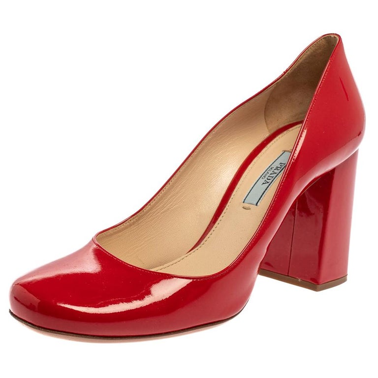 Prada Red Patent Square Toe Block Heel Pumps Size 38 at 1stDibs