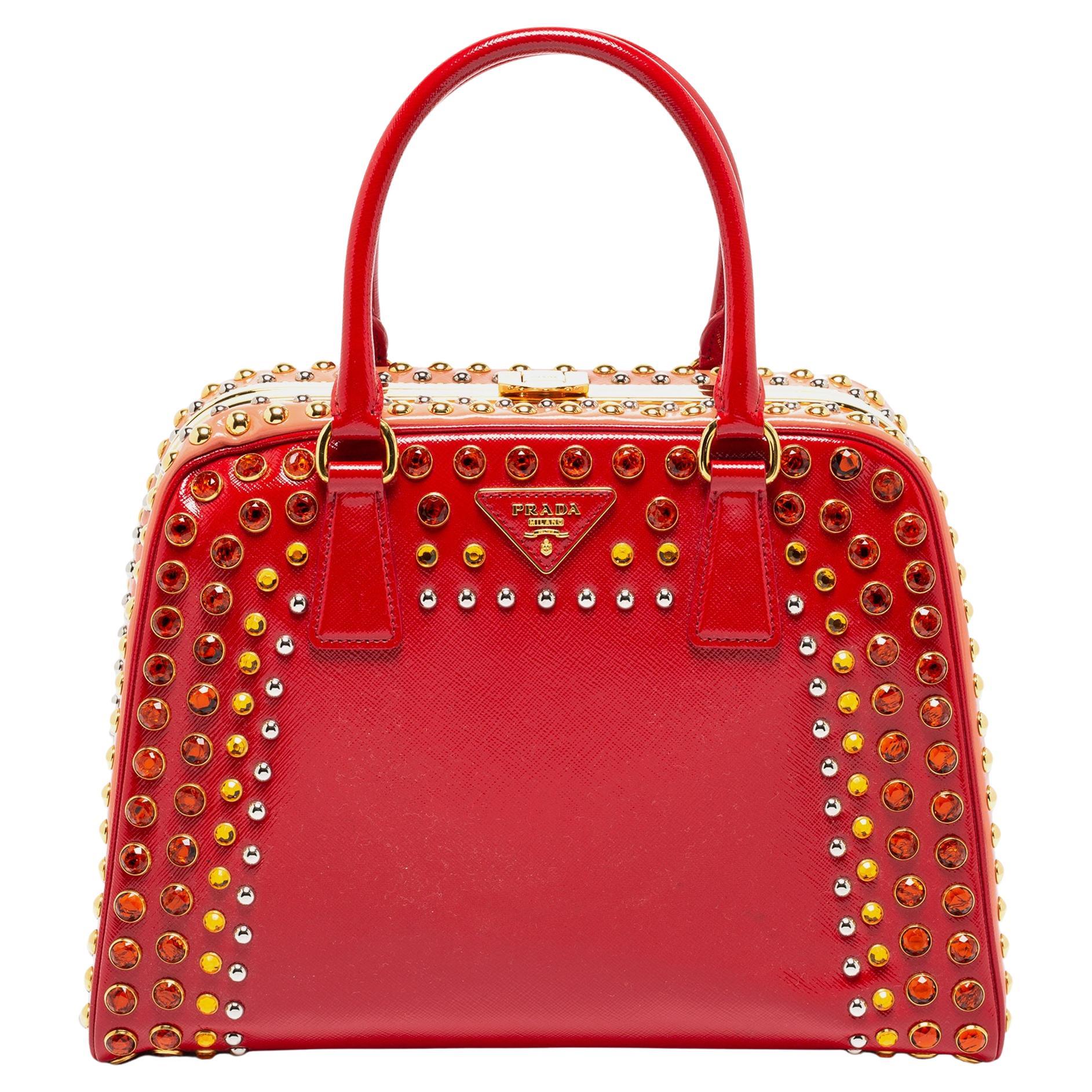 Prada Red/Peach Saffiano Vernice Leather Embellished Pyramid Satchel