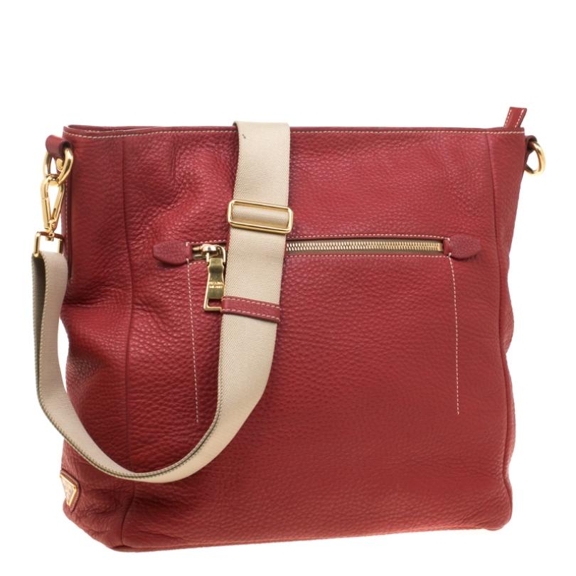 Brown Prada Red Pebbled Leather Messenger Bag