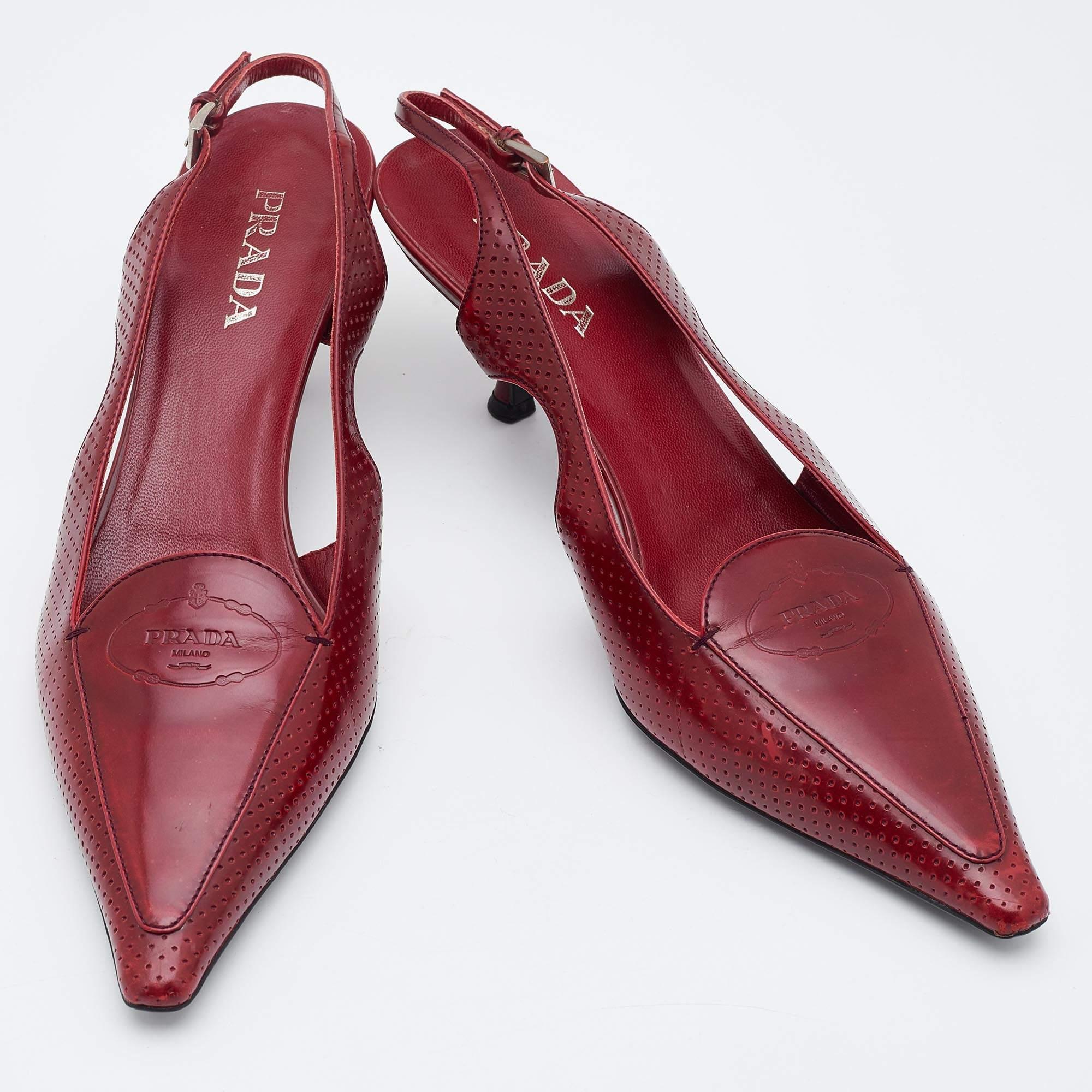 Prada Red Perforated Leather Pointed Toe Slingback Pumps Size 37.5 In Good Condition In Dubai, Al Qouz 2