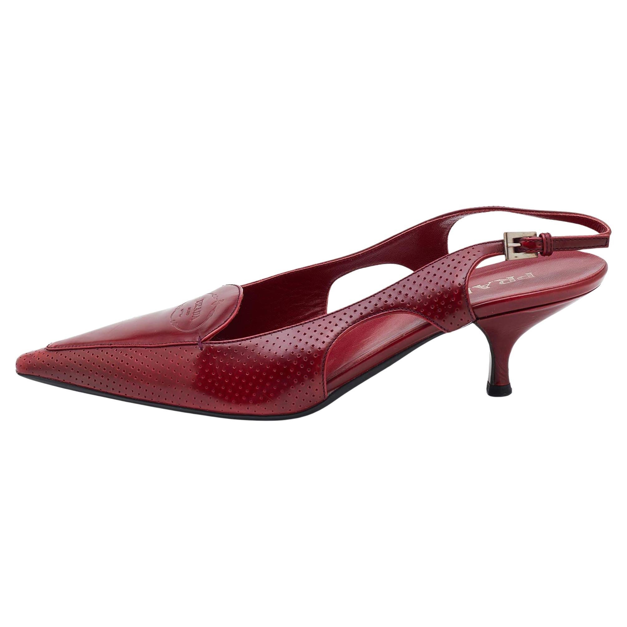 Prada Red Perforated Leather Pointed Toe Slingback Pumps Size 37.5 For Sale  at 1stDibs
