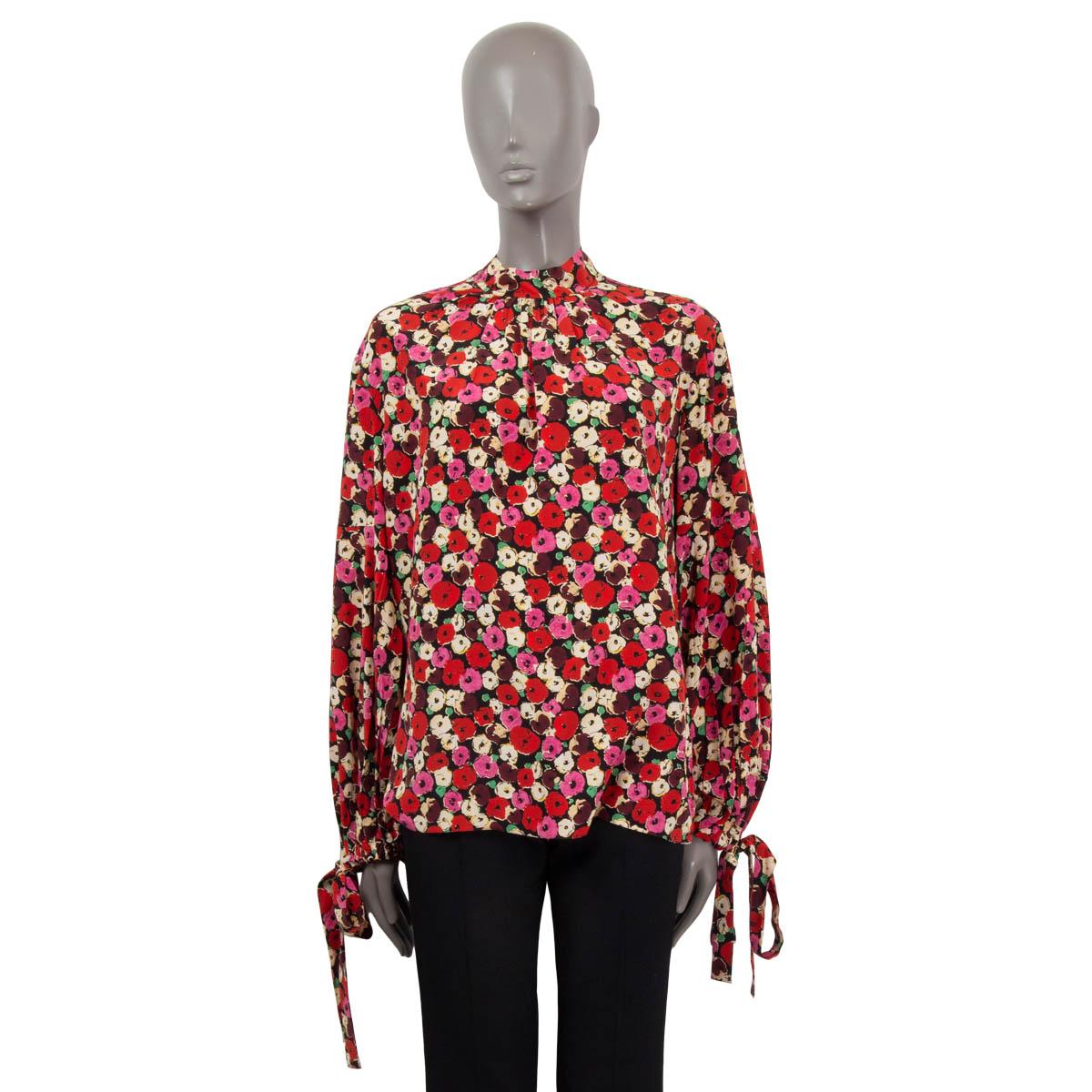 Brown PRADA red pink black silk FLORAL PUSSY BOW Blouse Shirt 42 M For Sale