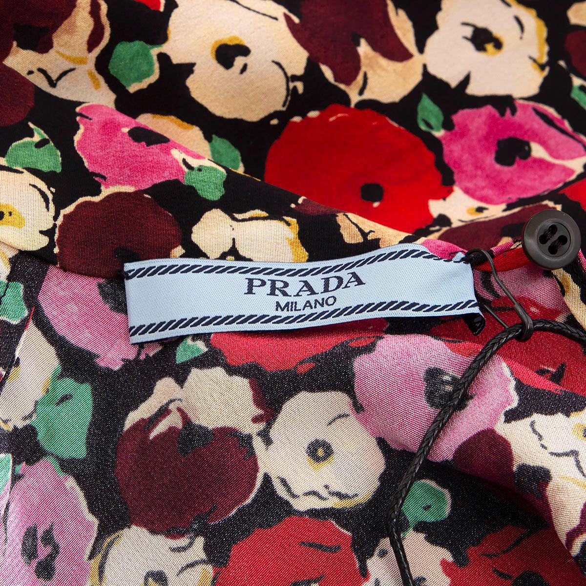 PRADA red pink black silk FLORAL PUSSY BOW Blouse Shirt 42 M For Sale 2