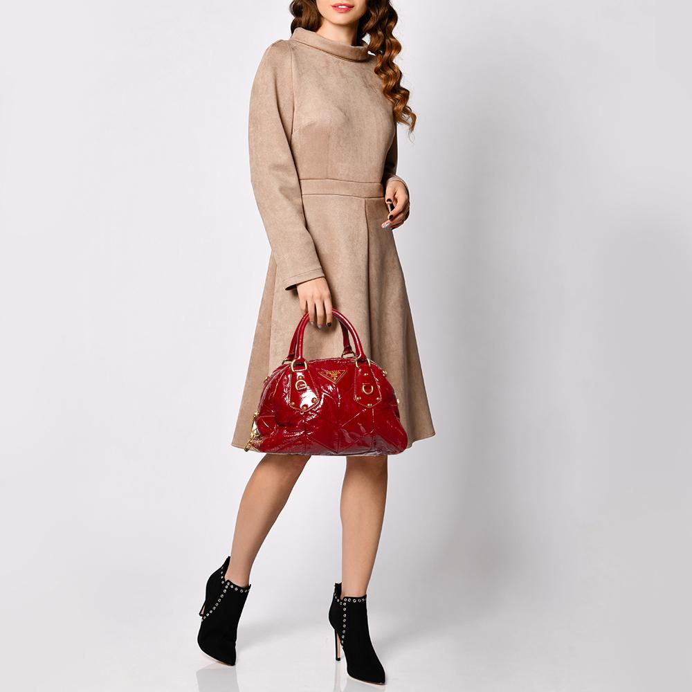 Brown Prada Red Quilted Patent Leather Dome Satchel