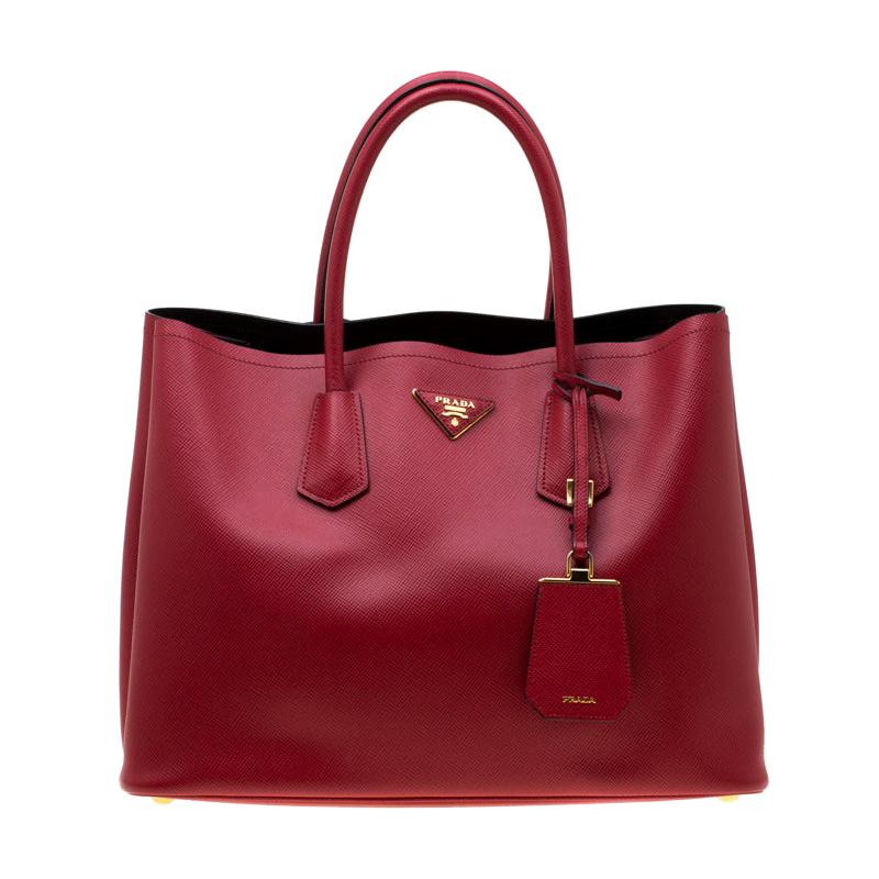 Prada Red Saffiano Cuir Leather Double Handle Tote