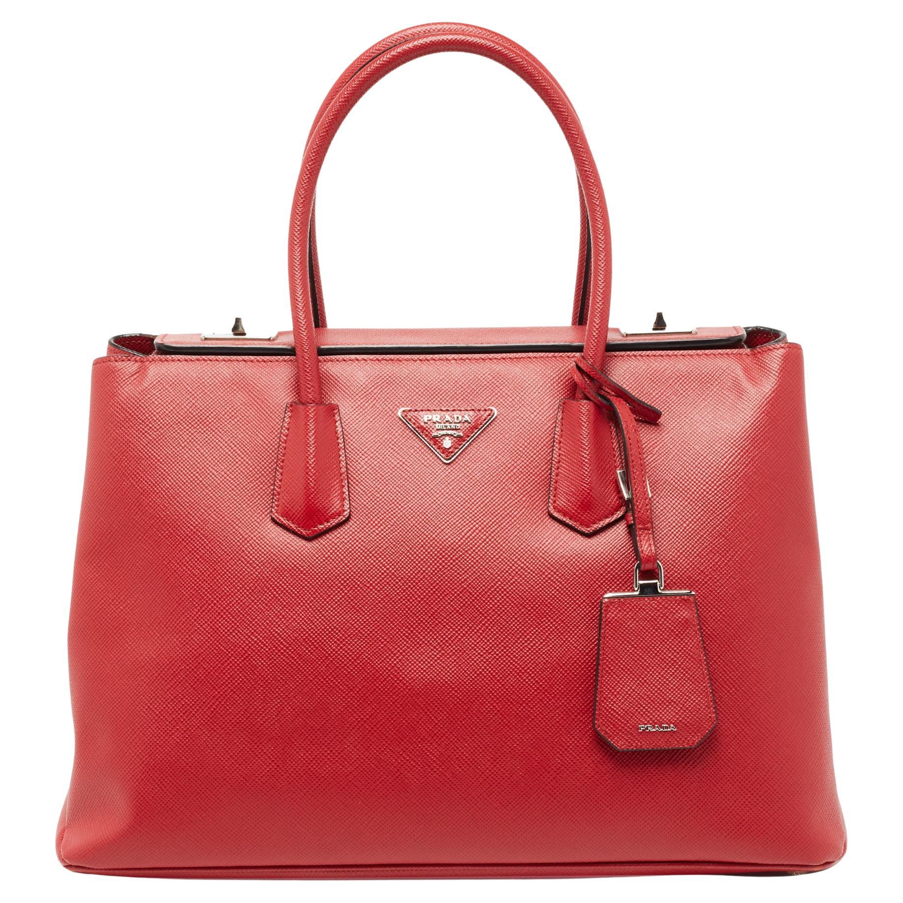 Prada Red Saffiano Cuir Leather Large Twin Tote