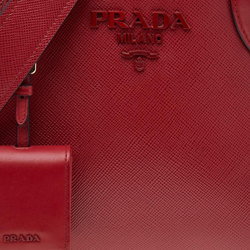 Prada Red Saffiano Cuir Leather Monochrome Tote 3
