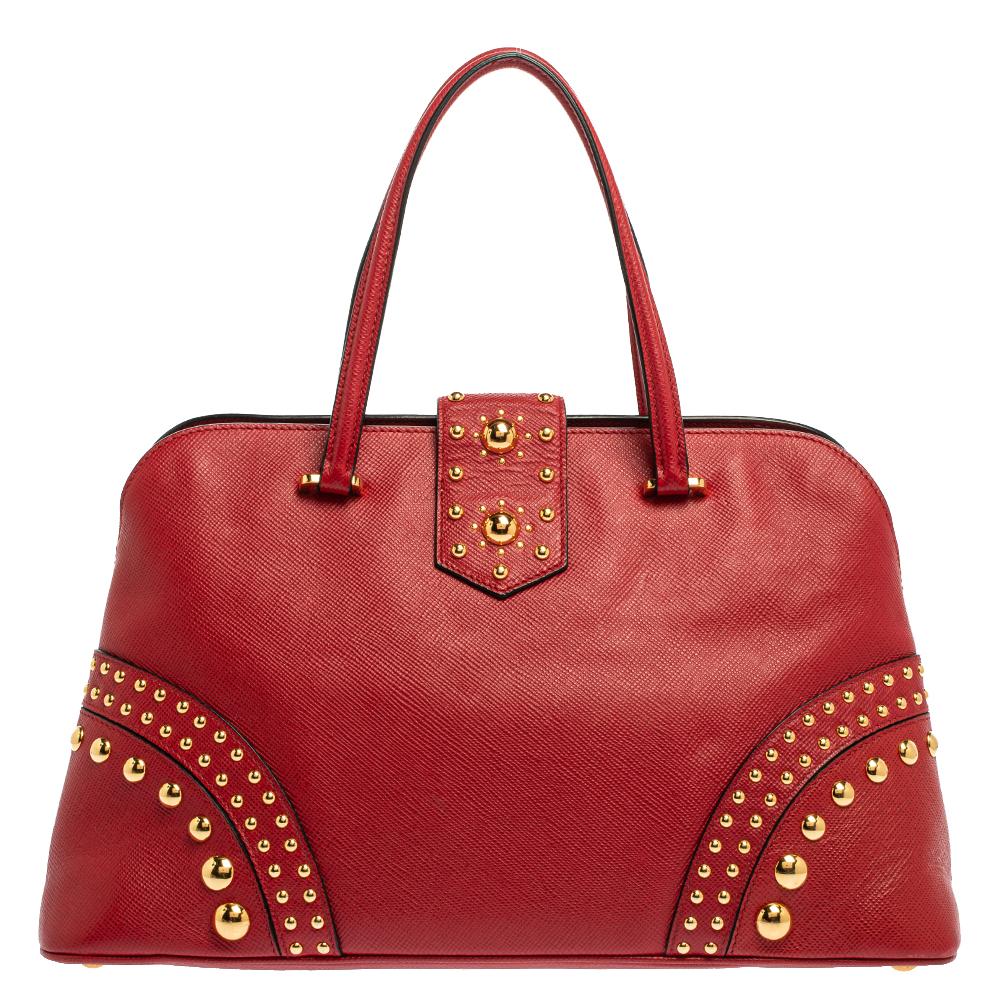 Prada Red Saffiano Cuir Leather Open Promenade Studded Bag 2