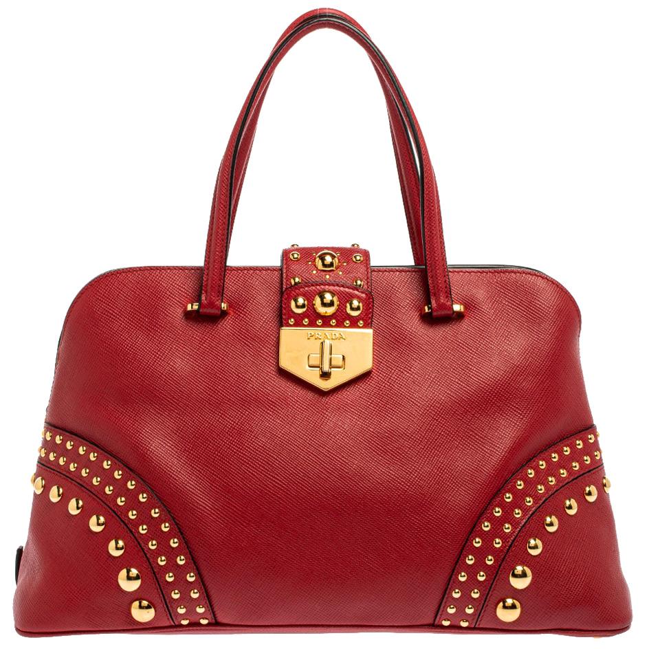 Prada Red Saffiano Cuir Leather Open Promenade Studded Bag